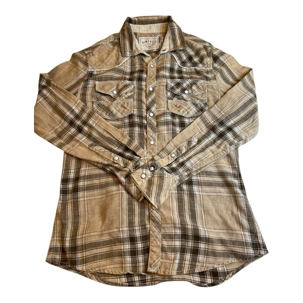 BKE Vintage 1967 Pearl Snap Western Shirt Brown Flannel Tailored Fit Medium